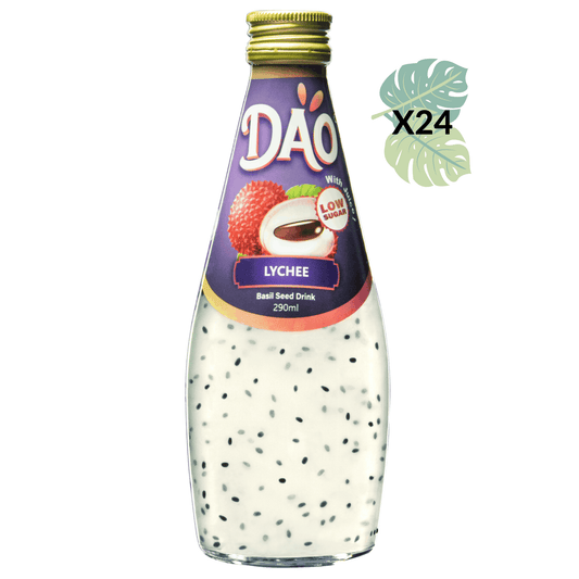 Boisson Dao saveur litchi aux graines de basilic dans sa bouteille en verre de 290ml recyclable