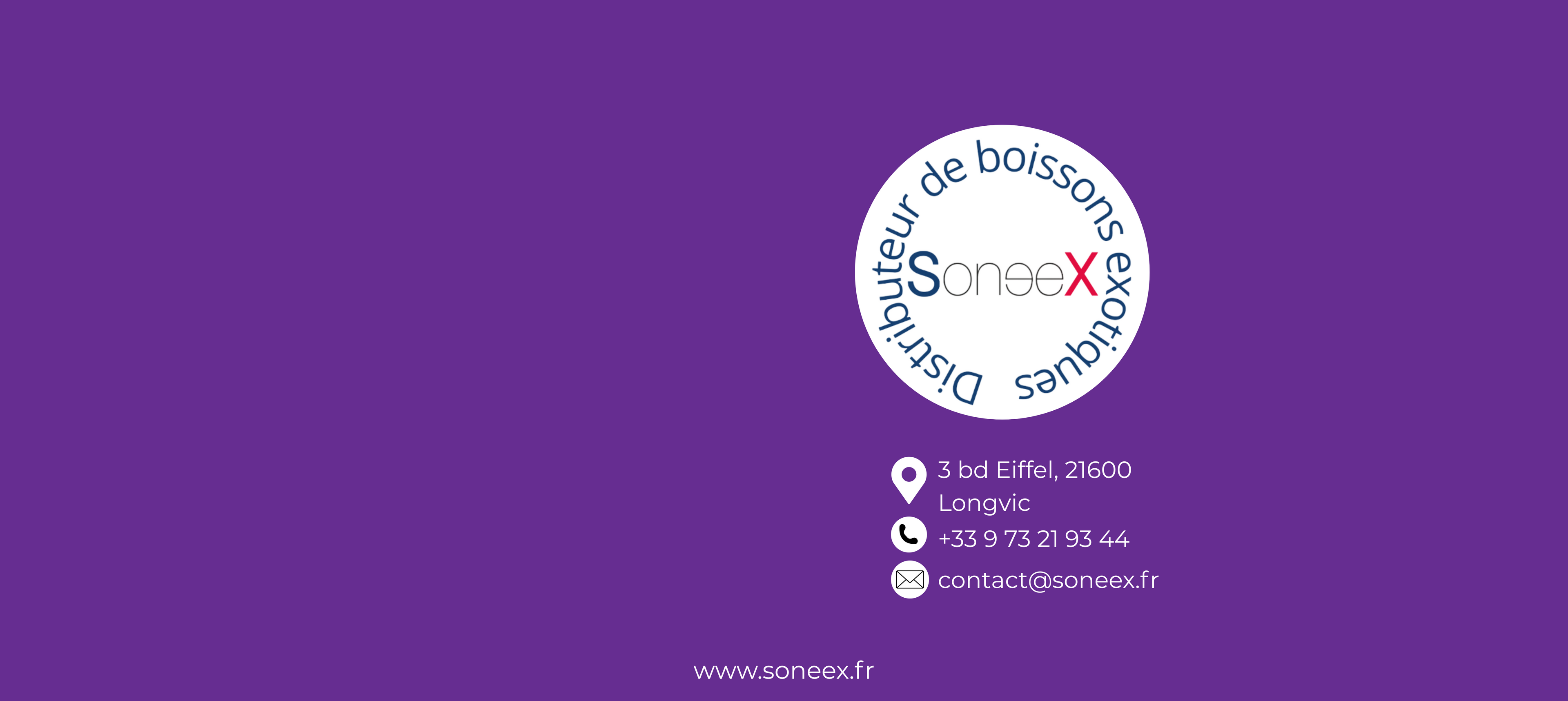 Bannière, logo Soneex distributeur de boissons exotiques. Coordonnées de Soneex : adresse, tel, email