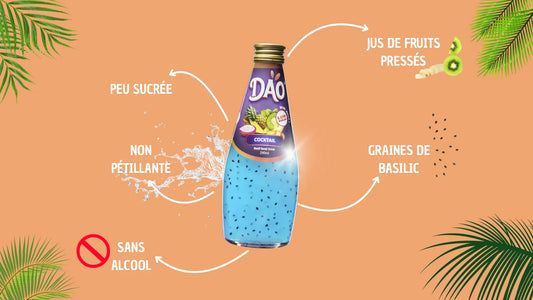 Boisson Dao cocktail avec ses propriétés : peu sucrée, non pétillante, sans alcool, jus de fruits pressés, graines de basilic