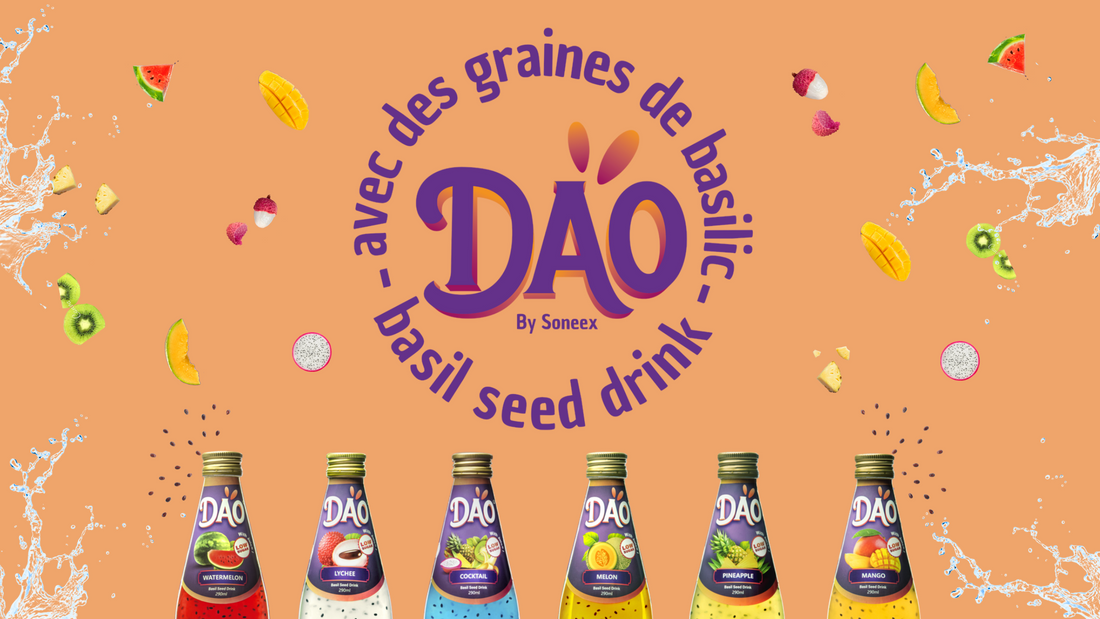 Logo Dao, six bouteilles aux saveurs différentes, fruits, graines de basilic, éclaboussures d'eau
