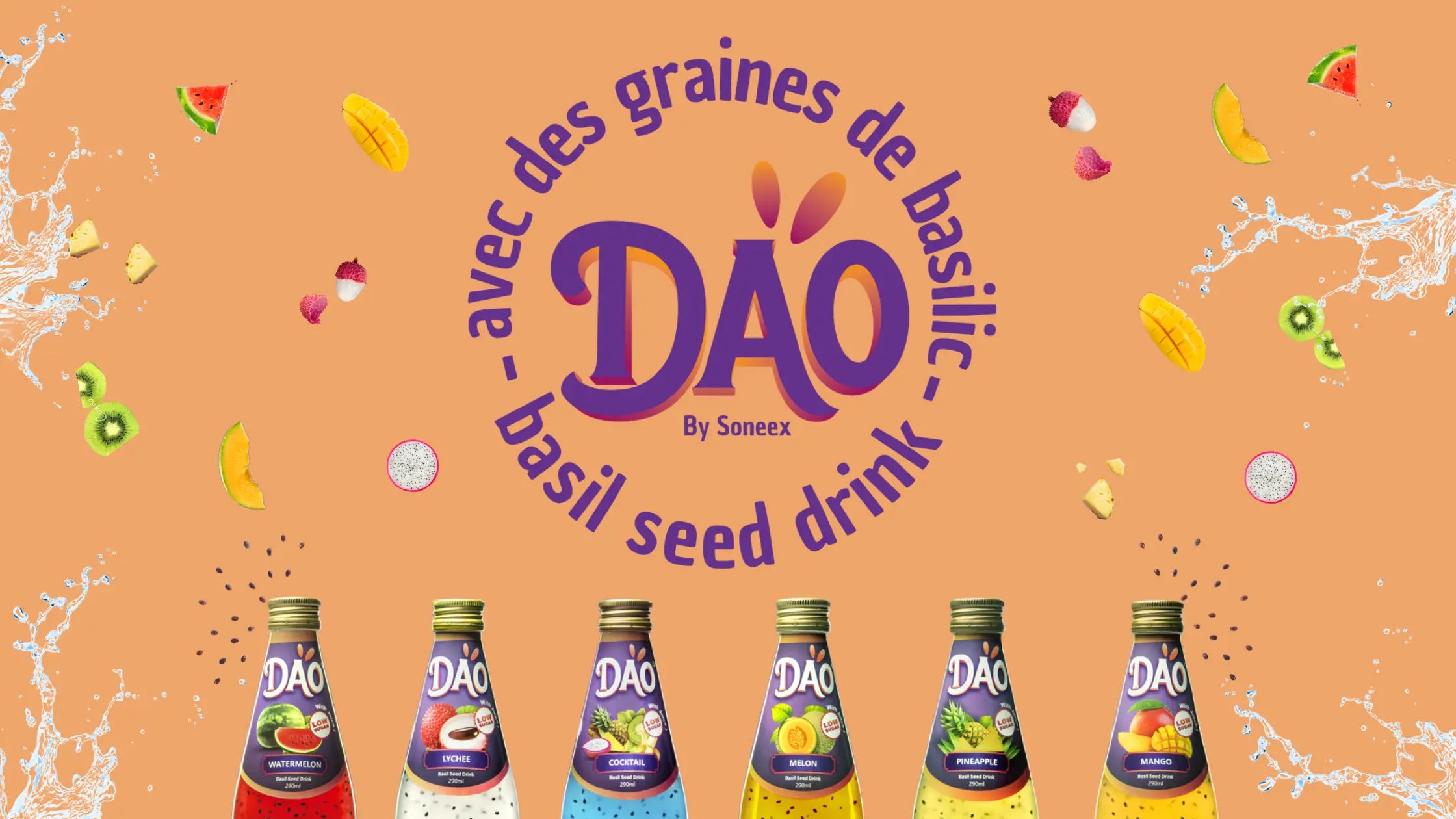 Logo Dao, six bouteilles aux saveurs différentes, fruits, graines de basilic, éclaboussures d'eau