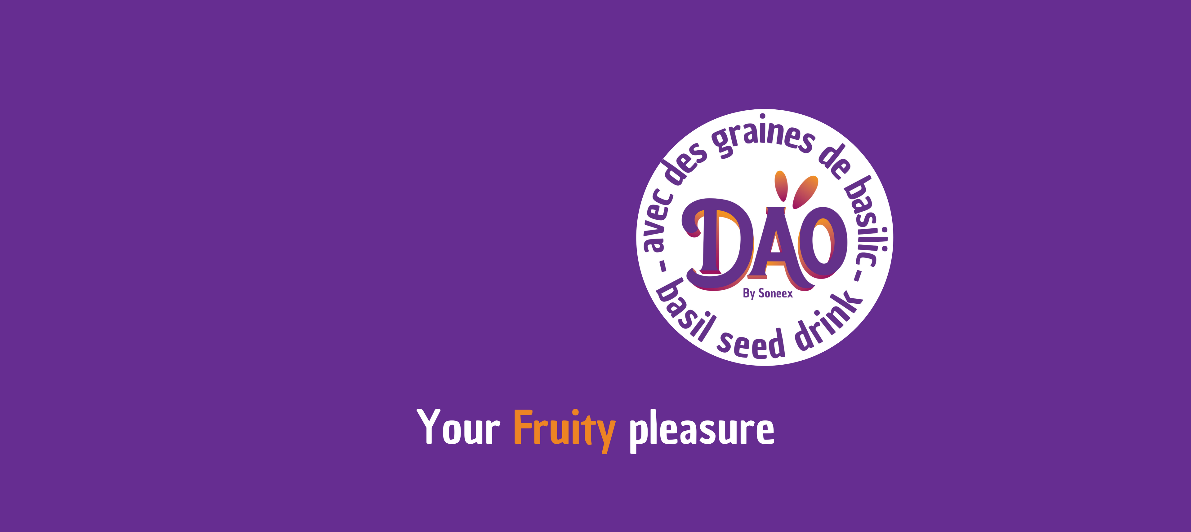 Bannière logo Dao avec des graines de basilic. Slogan : your Fruity Pleasure